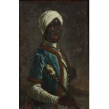 Portrait of a young moor in wealthy outfit wearing a turban and holding a stick
