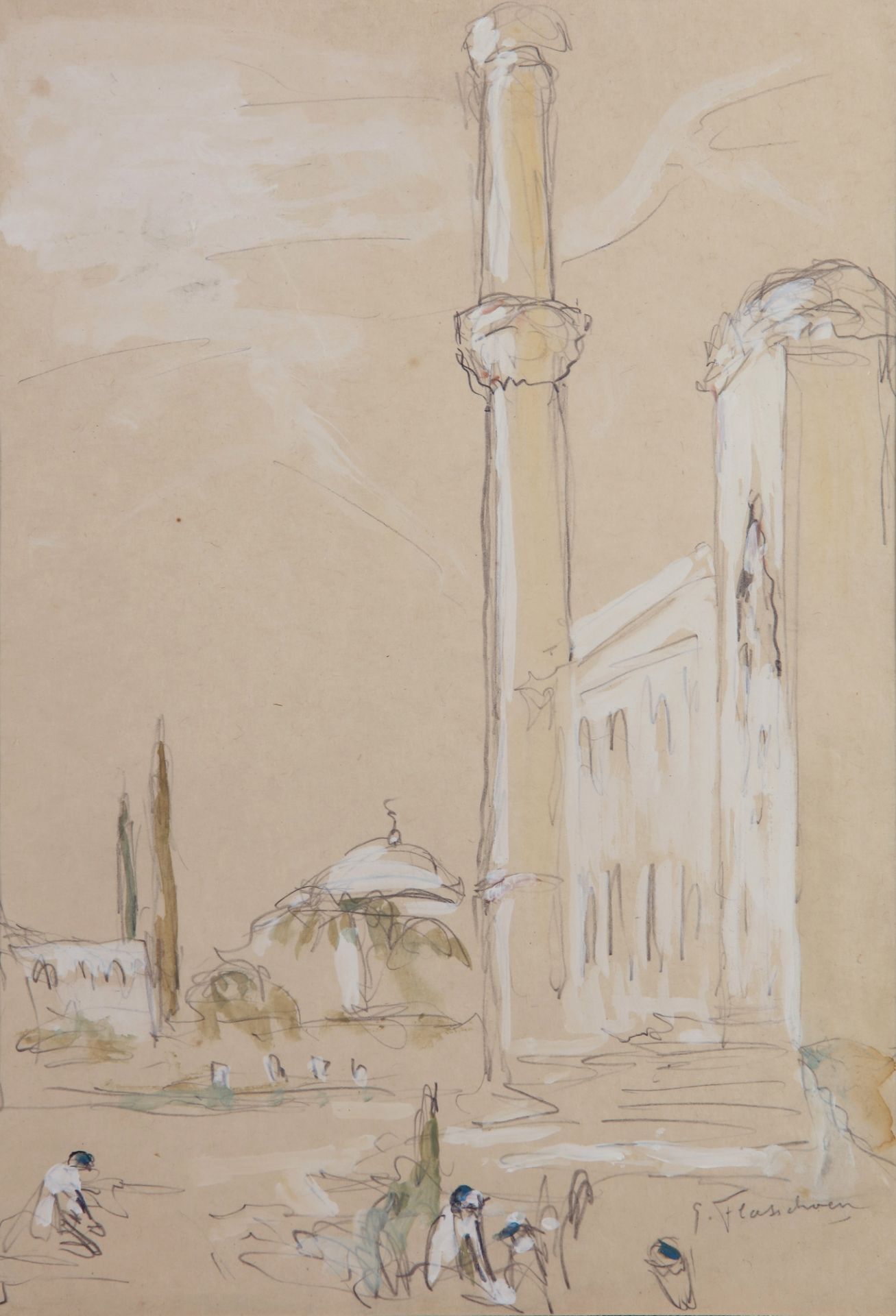 Two drawings. Open place with minaret and Minarets by mosque - Bild 2 aus 3
