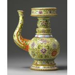 A Chinese yellow-ground famille rose Tibetan-style ewer, penba hu