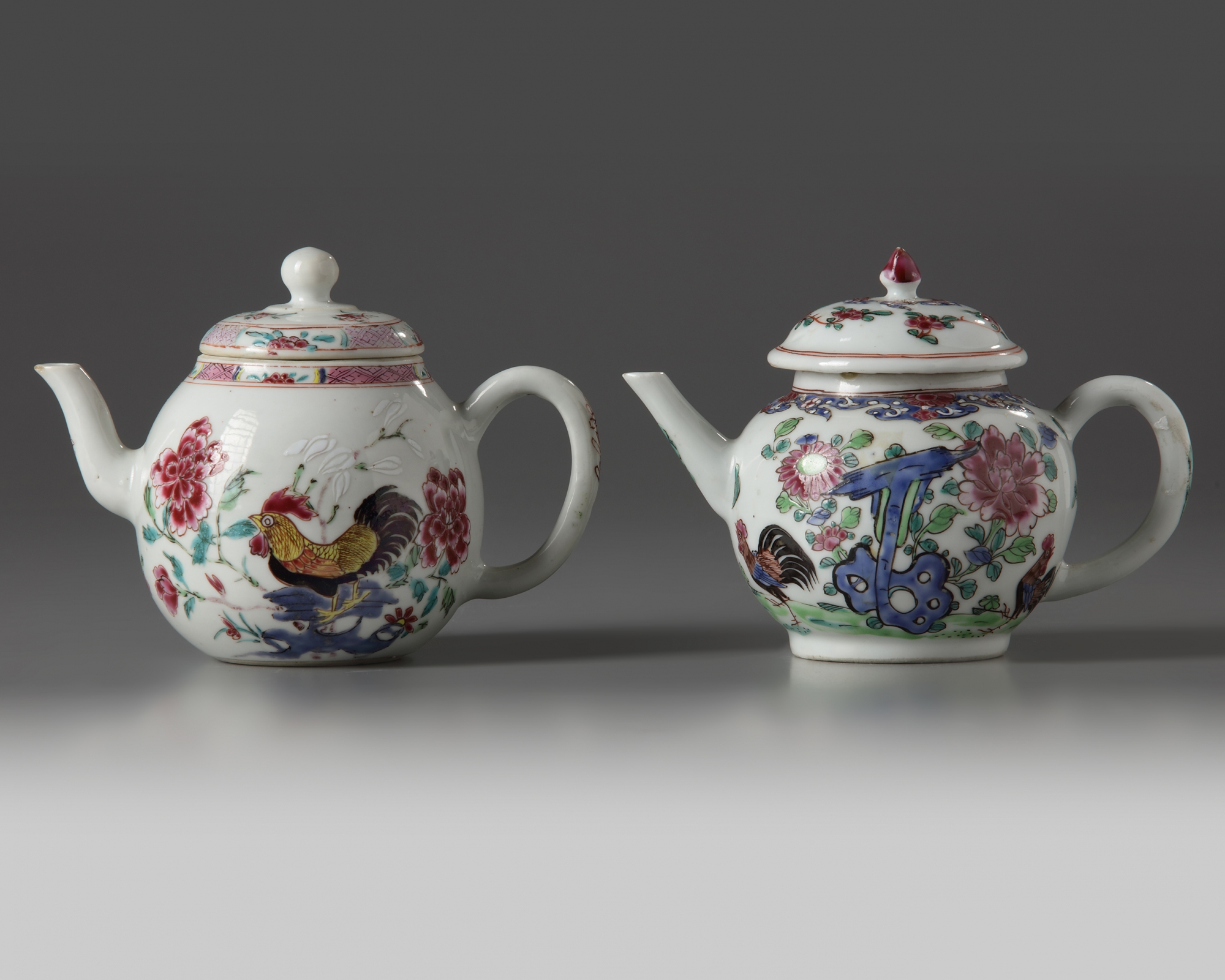 Two Chinese famille rose ‘cockerel’ teapots and covers