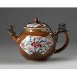 A Chinese cafe au lait ground famille rose 'Batavia ware' teapot and cover