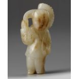 A Chinese pale celadon and russet 'boy' carving