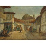 A painting depicting a street scene in Istanbul