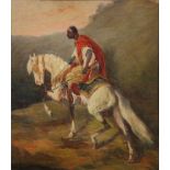 A painting depicting a Mamluk riding a white Arabian horse