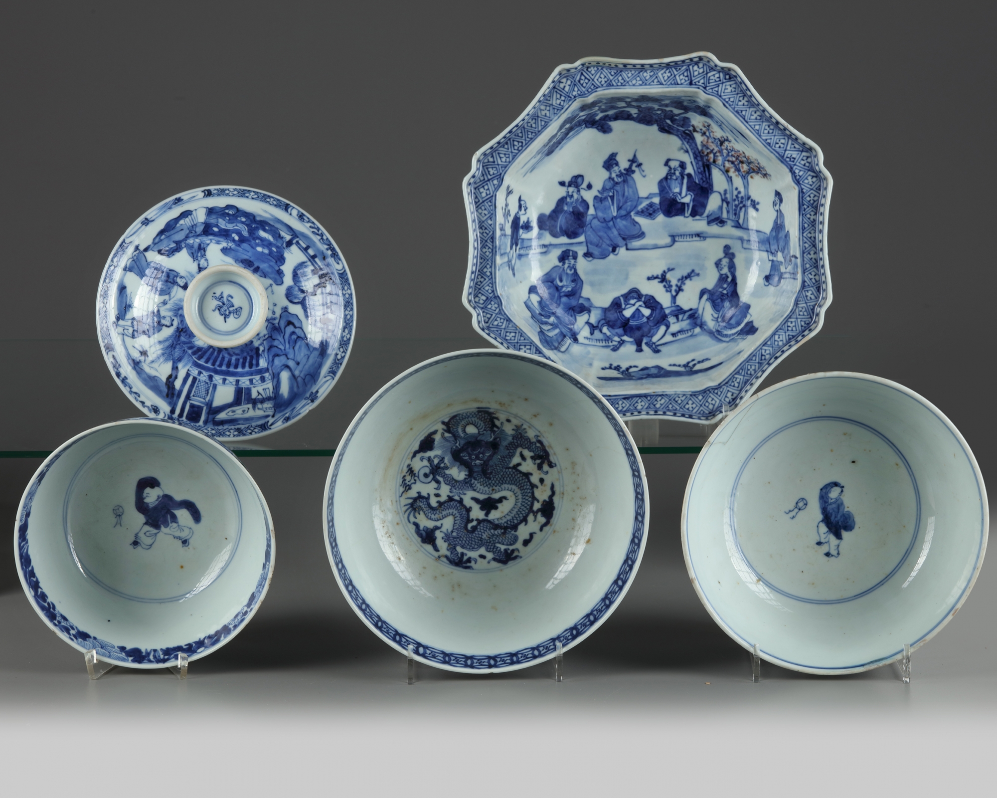 Four Chinese blue and white 'figural' bowls - Image 3 of 4