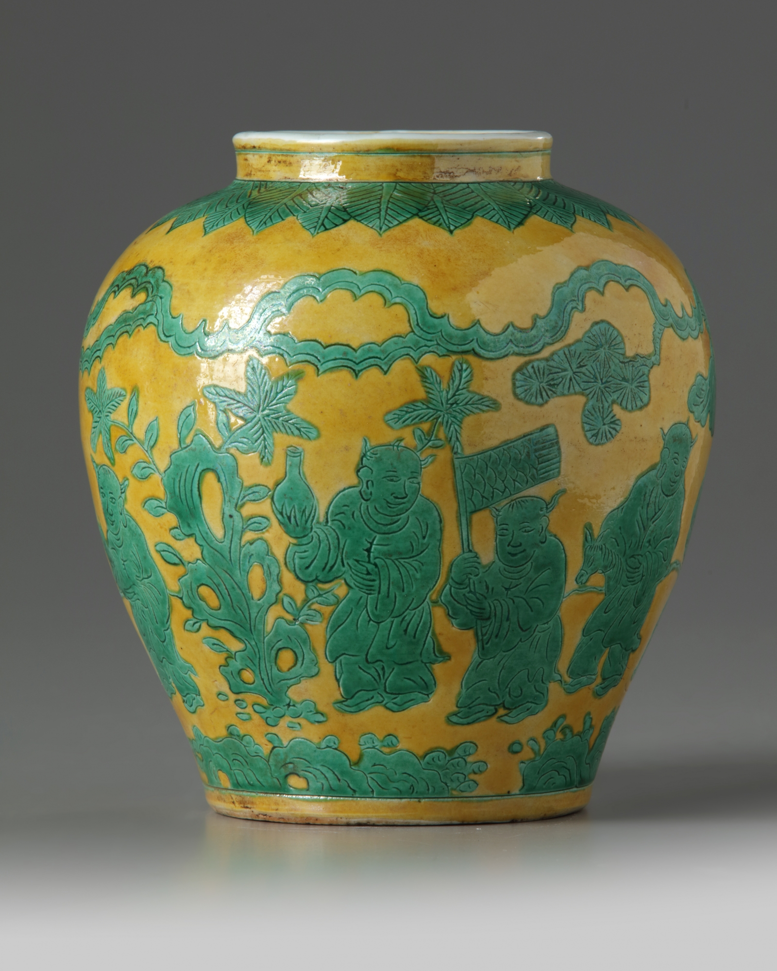 A Chinese yellow ground and green glazed 'boys' jar - Image 2 of 5