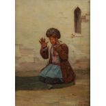 A painting depicting a kneeled man praying