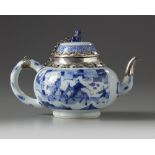 A silver-mounted small Chinese blue and white teapot and cover