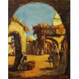 A painting depicting an Arabian market place