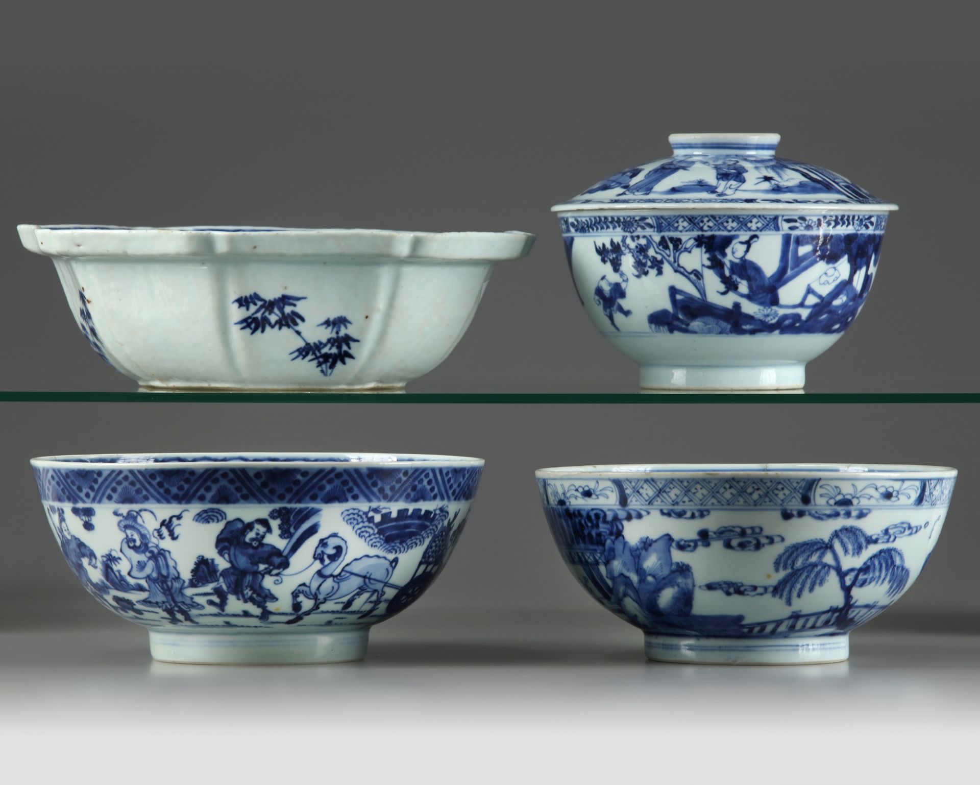 Four Chinese blue and white 'figural' bowls