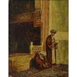 A painting depicting two man praying in a mosque