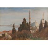 A painting depicting a mosque with view over the Golden Horn