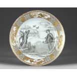 A Chinese en grisaille and gilt-decorated 'Fisherman' dish