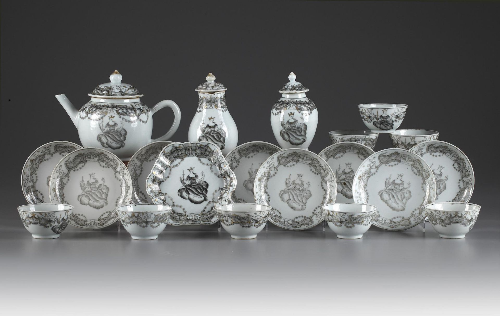 A Chinese en-grisaille mythological subject 'Juno' tea service