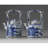 A pair of Chinese blue and white moulded teapots and covers