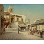 A painting depicting a place with carpet-sellers before a staircase leading to a mosque