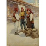 A painting depicting a street sale with two peasants