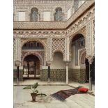 A painting depicting a patio in the Alcazar, Sevilla