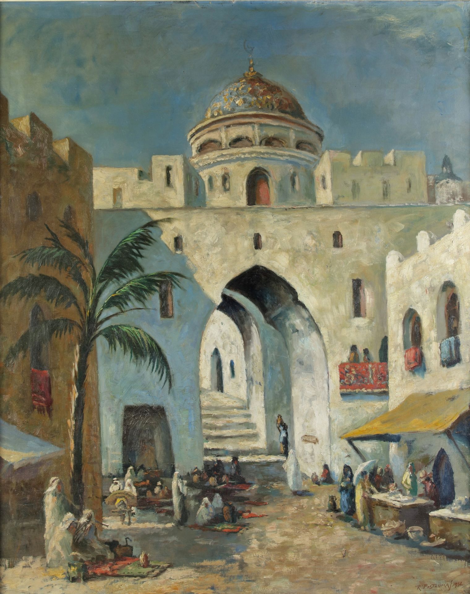 A painting depicting a market place with palm tree before a town-gate