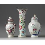 Two Chinese famille rose tea caddies and a Tobacco-leaf gu vase