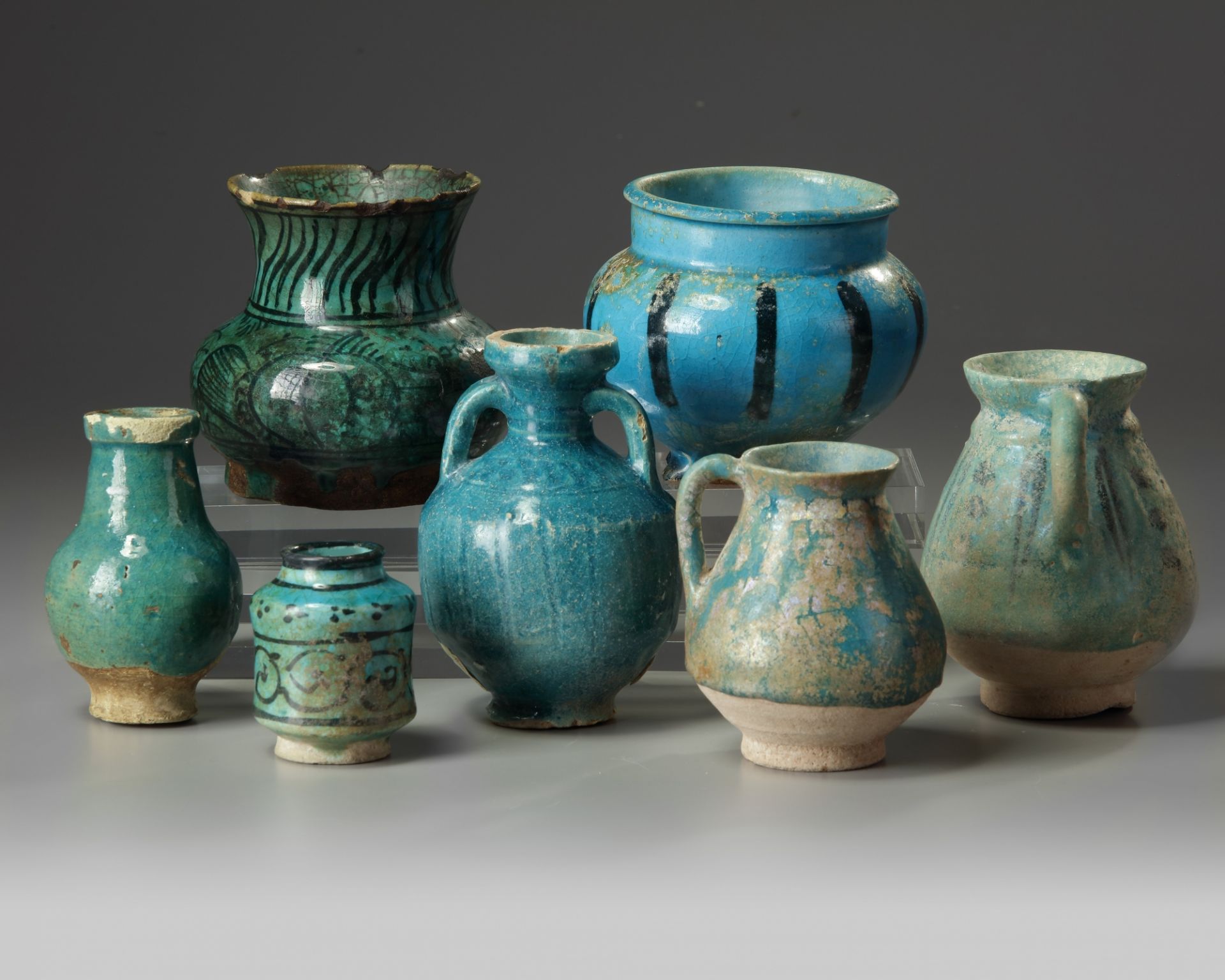 A group of seven Islamic turquoise glazed objects - Image 2 of 2