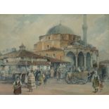 A painting depicting a Turkish market before a mosque