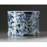 A large Chinese blue and white 'Hundred Boys' brush pot, bitong