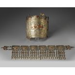 A silver inlaid and gilt tribe headdress and a necklace