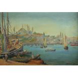 A painting depicting fisherboats near the Galata Bridge, Istanbul