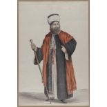 A painting depicting an Oriental prelate holding a long silver mounted stick