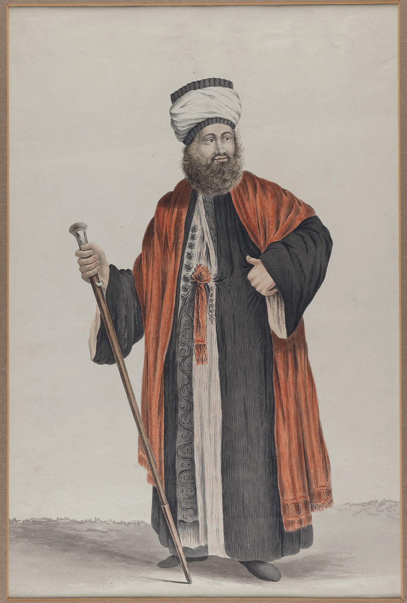 A painting depicting an Oriental prelate holding a long silver mounted stick