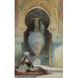 A painting depicting a seated Holy Man before a giant Moorish Style vase in a niche