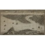 Antique panorama of Istanbul with the Bosphorus filled with ships