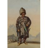 A watercolour painting depicting a caucasian warrior; Amadeo Preziosi