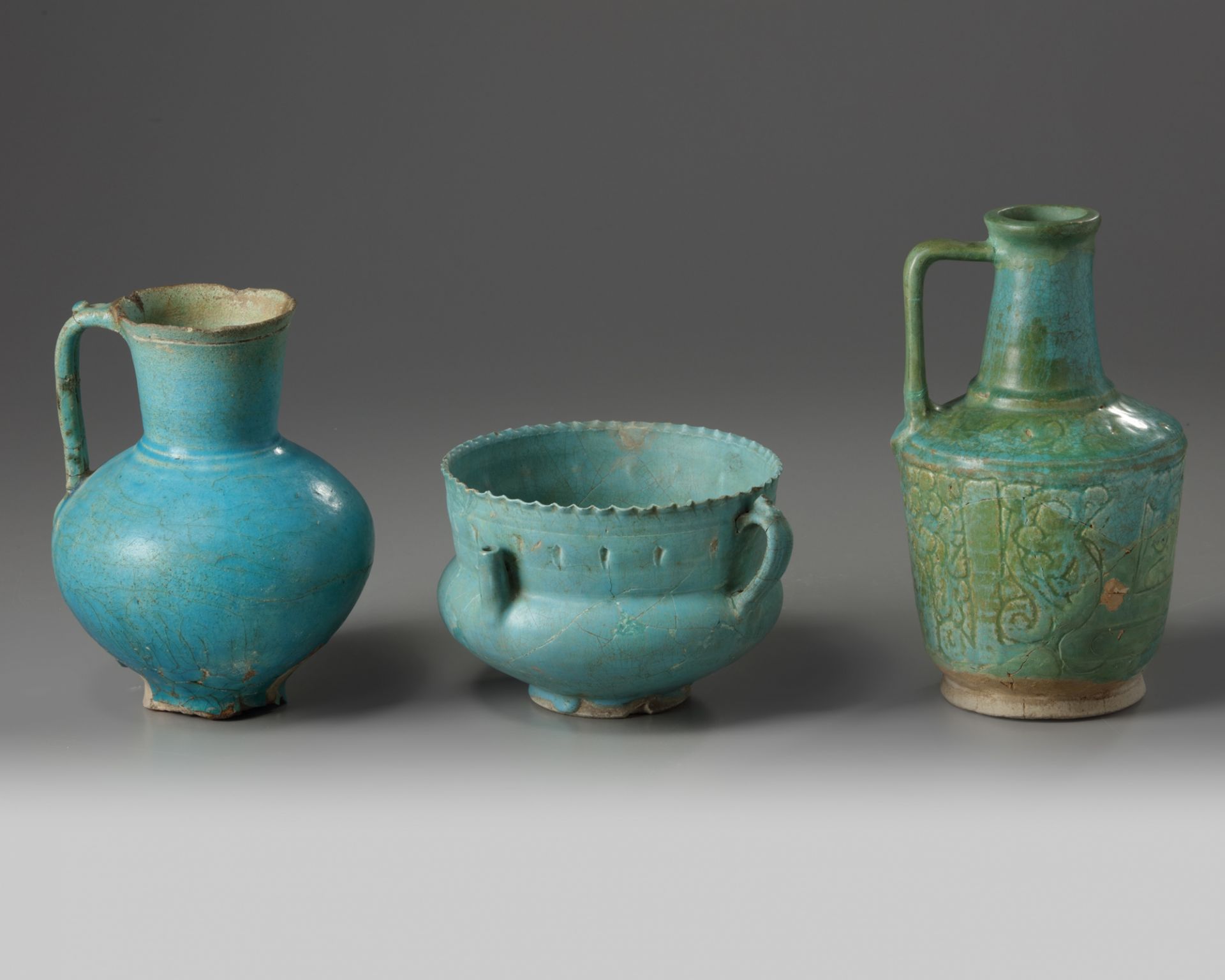 Two Islamic turquoise glazed jugs and a bowl - Image 3 of 5