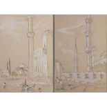 Two drawings. Open place with minaret and Minarets by mosque