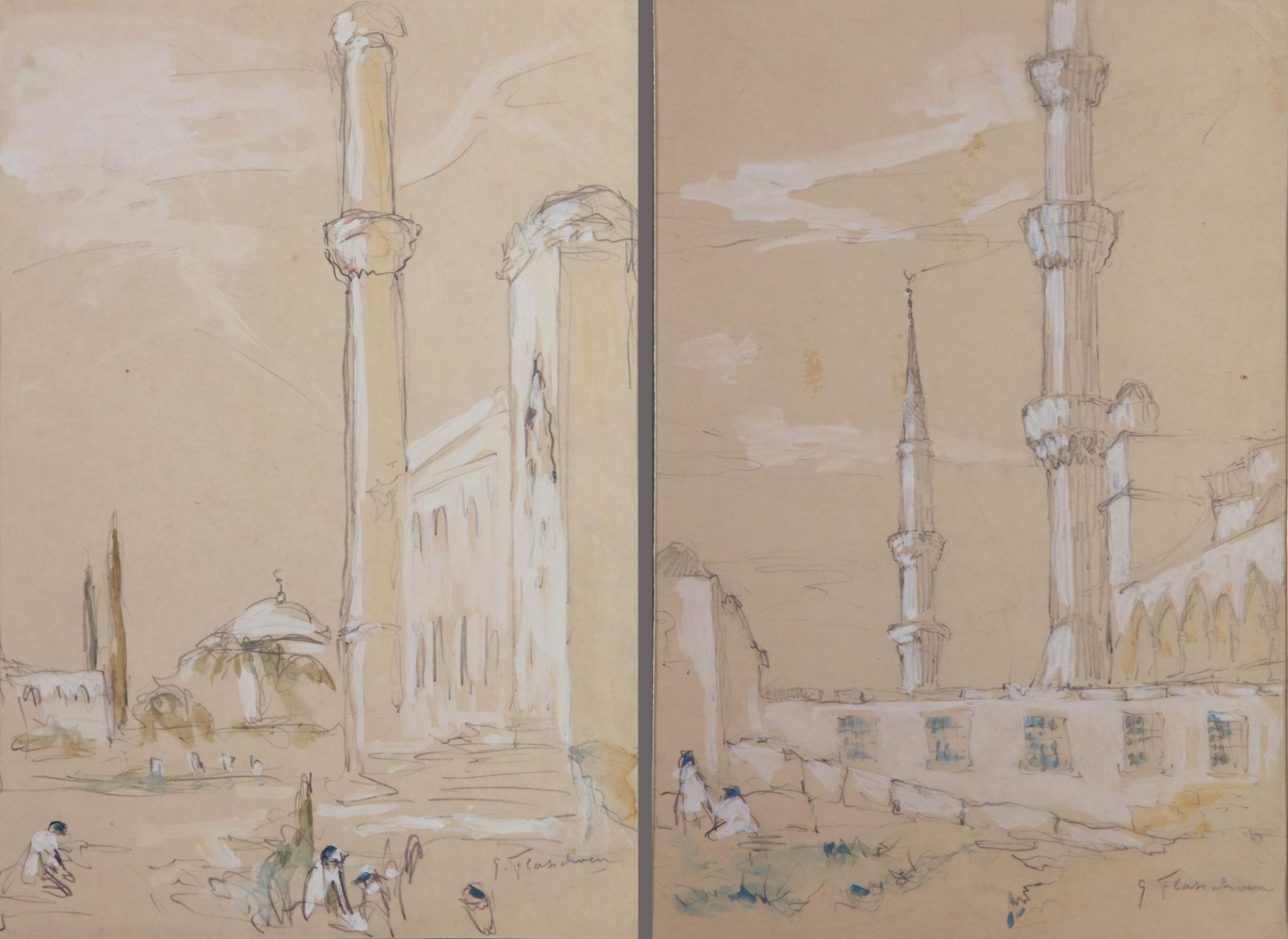 Two drawings. Open place with minaret and Minarets by mosque