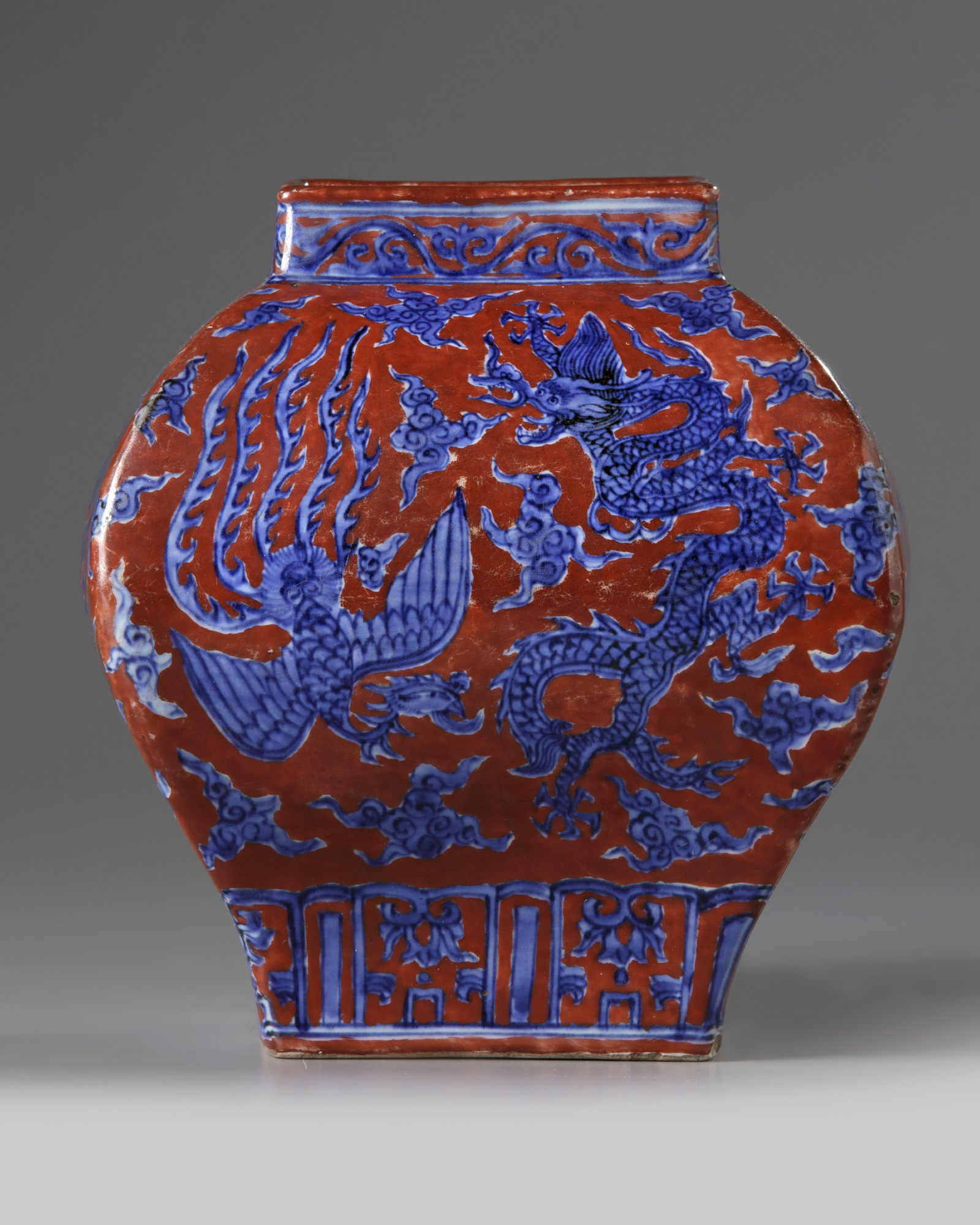 A Chinese iron-red-ground 'dragon and phoenix' square-section jar - Image 2 of 5