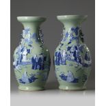 A pair of Chinese celadon-ground blue and white vases