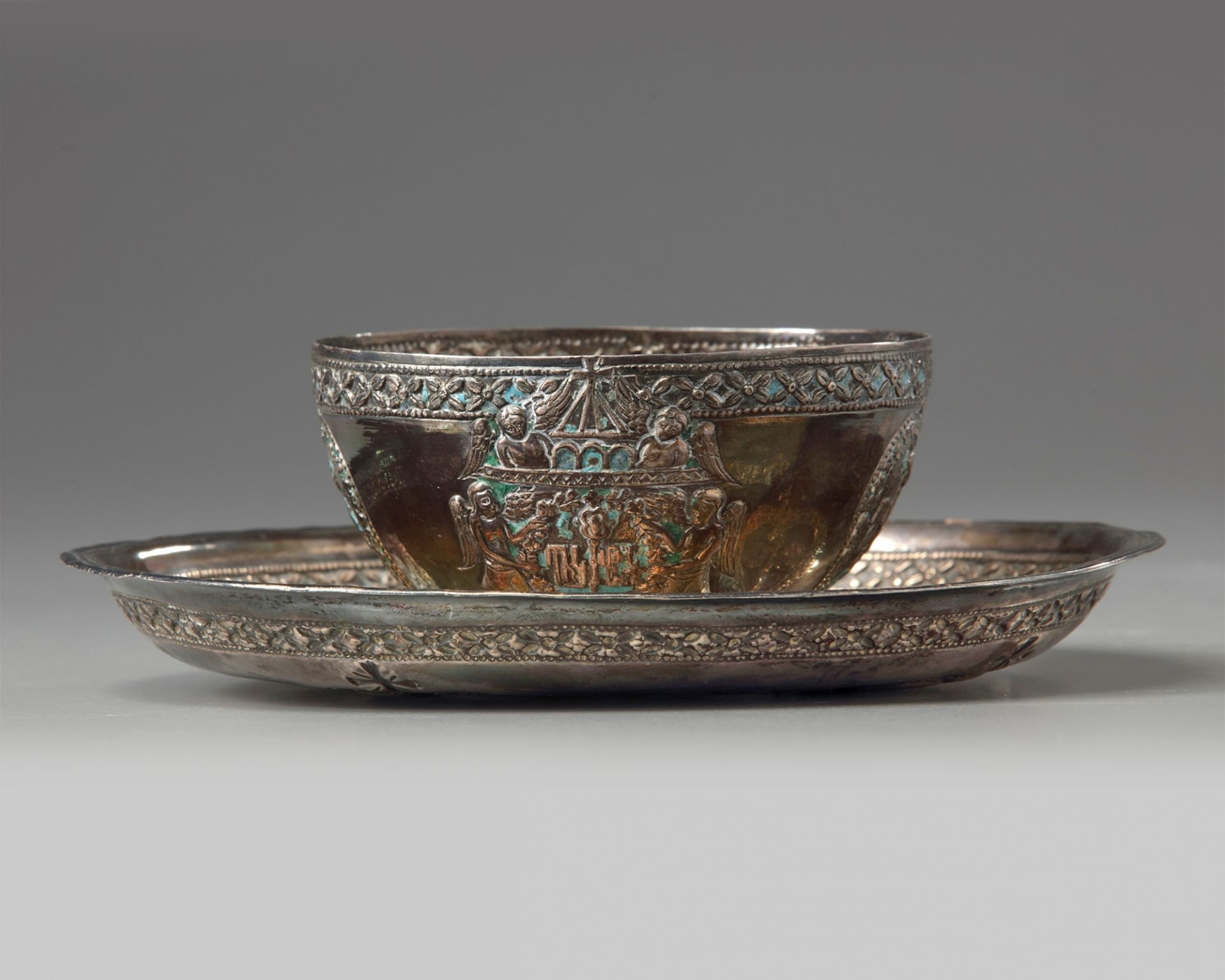 A rare Armenian enamelled silver cup and saucer - Image 4 of 5