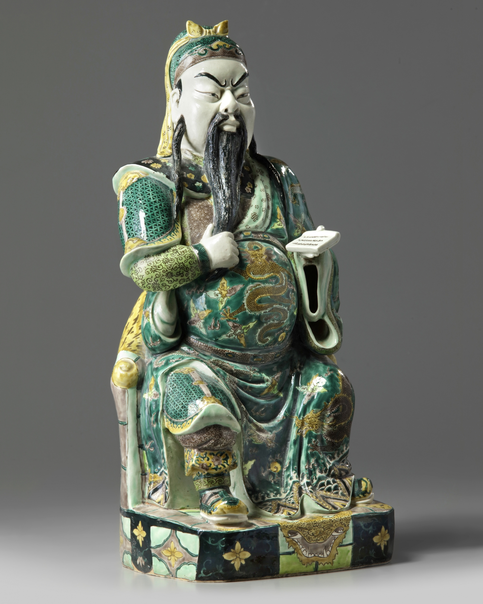A Chinese famille verte biscuit figure of Guandi - Image 5 of 6