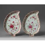 A pair of Chinese famille rose 'floral' leaf-shape platters