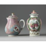 A Chinese famille rose milk jug and tea caddy