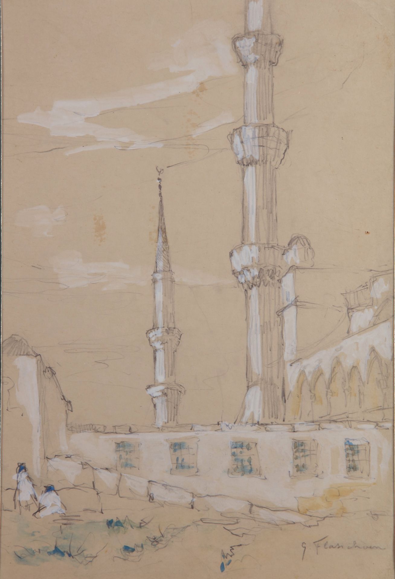 Two drawings. Open place with minaret and Minarets by mosque - Bild 3 aus 3