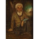 A painting depicting an old man with white beard seated