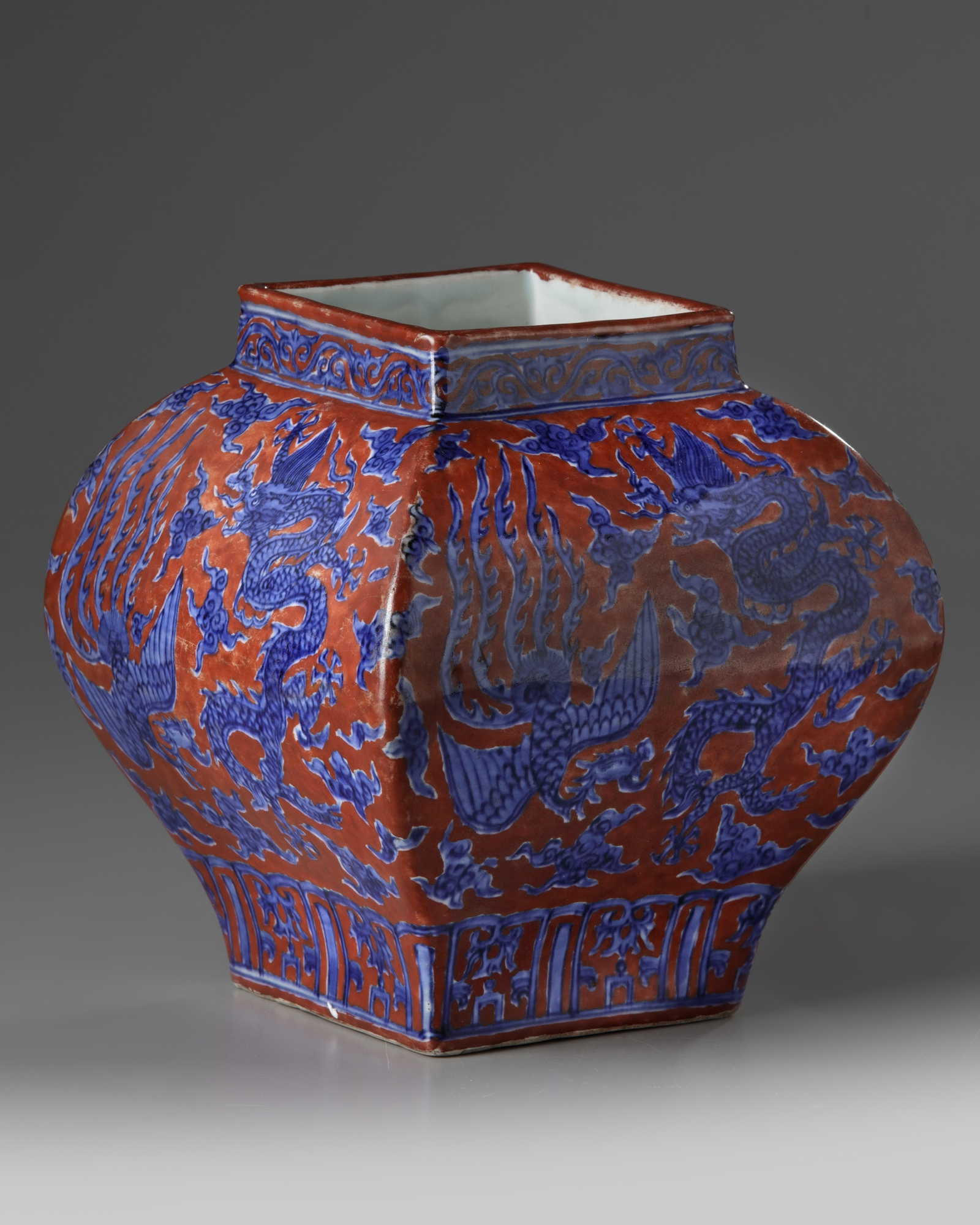 A Chinese iron-red-ground 'dragon and phoenix' square-section jar - Image 3 of 5