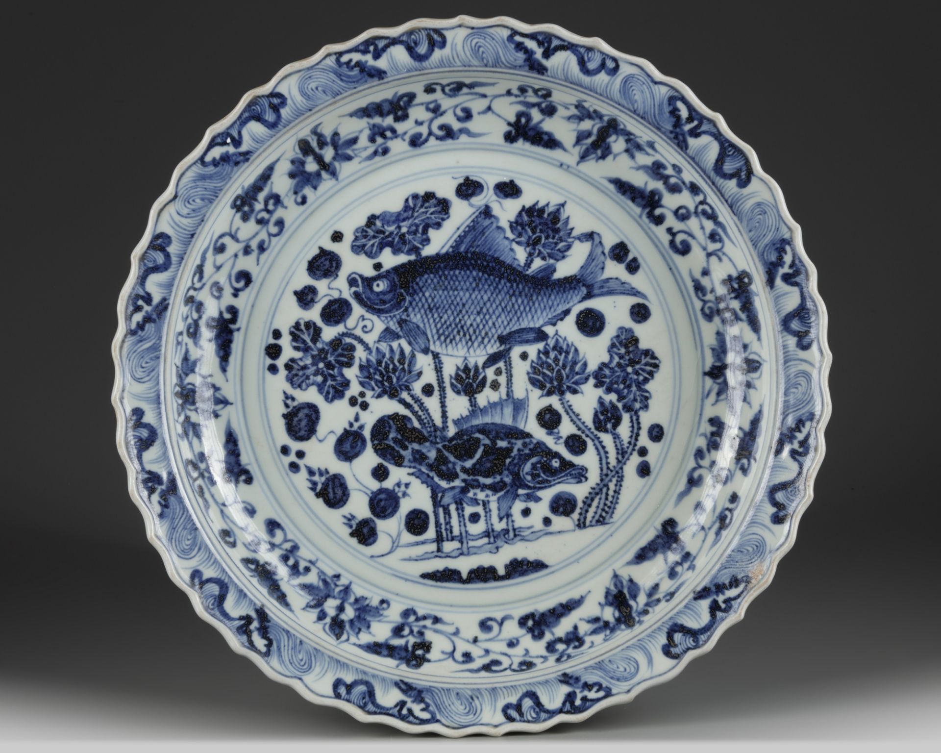 A Chinese blue and white Yuan-style 'fish' charger