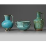 Two Islamic turquoise glazed jugs and a bowl