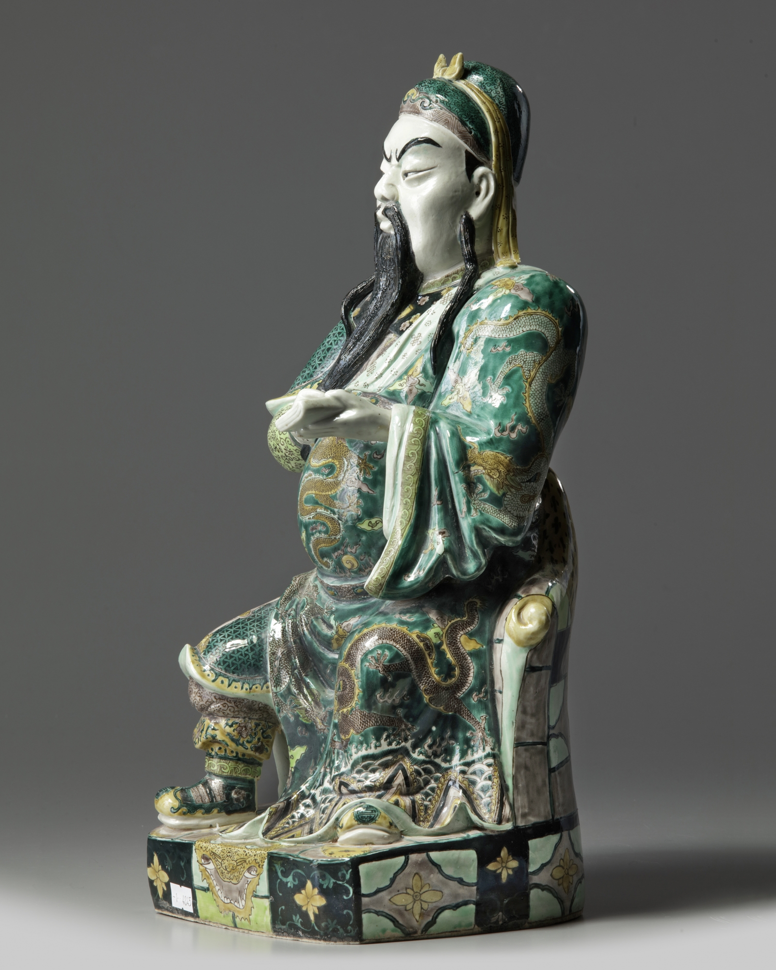 A Chinese famille verte biscuit figure of Guandi - Image 2 of 6