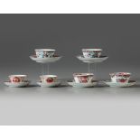 Three pairs of Chinese famille rose cups and saucers